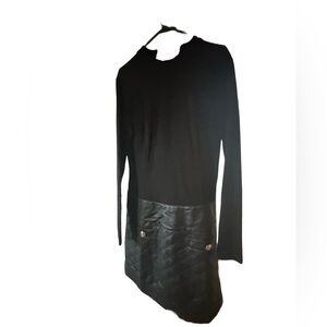 dress with slight turtle neck and bottom faux leather with button pockets